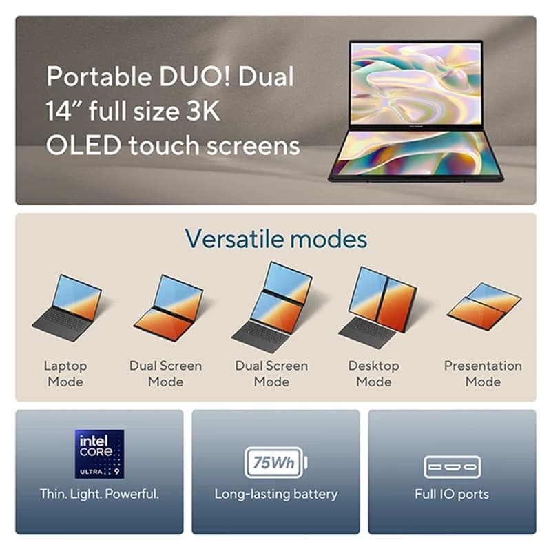 لپ تاپ 14 اینچی ایسوس مدل Zenbook Duo Dual UX8406M Ultra 9 32GB 1TB SSD Intel Arc