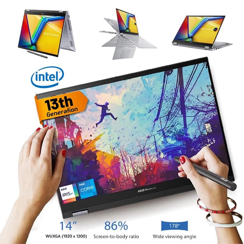 لپ تاپ 14 اینچی ایسوس مدل VivoBook S 14 FLIP TP3402VA i7 16GB RAM 512GB SSD Intel Iris Xe Graphics