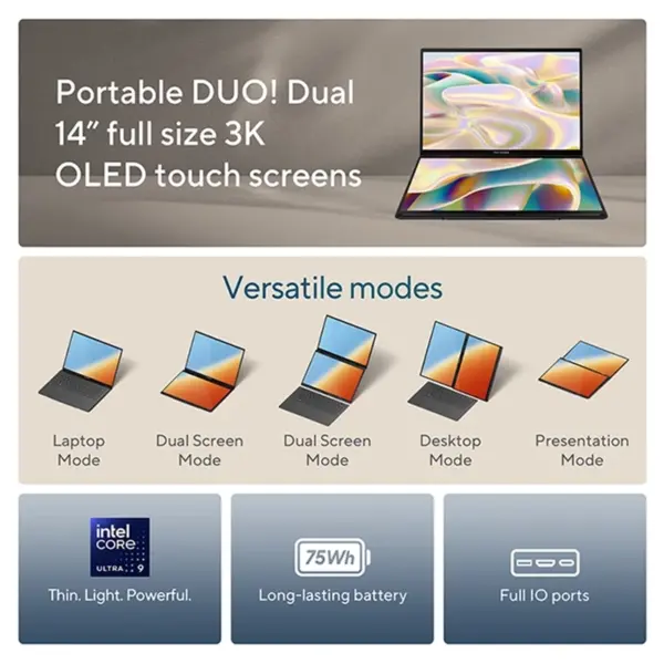 لپ تاپ 14 اینچی ایسوس مدل ZENBOOK DUO UX8406MA CORE ULTRA 9 32GB 2TB SSD Arc
